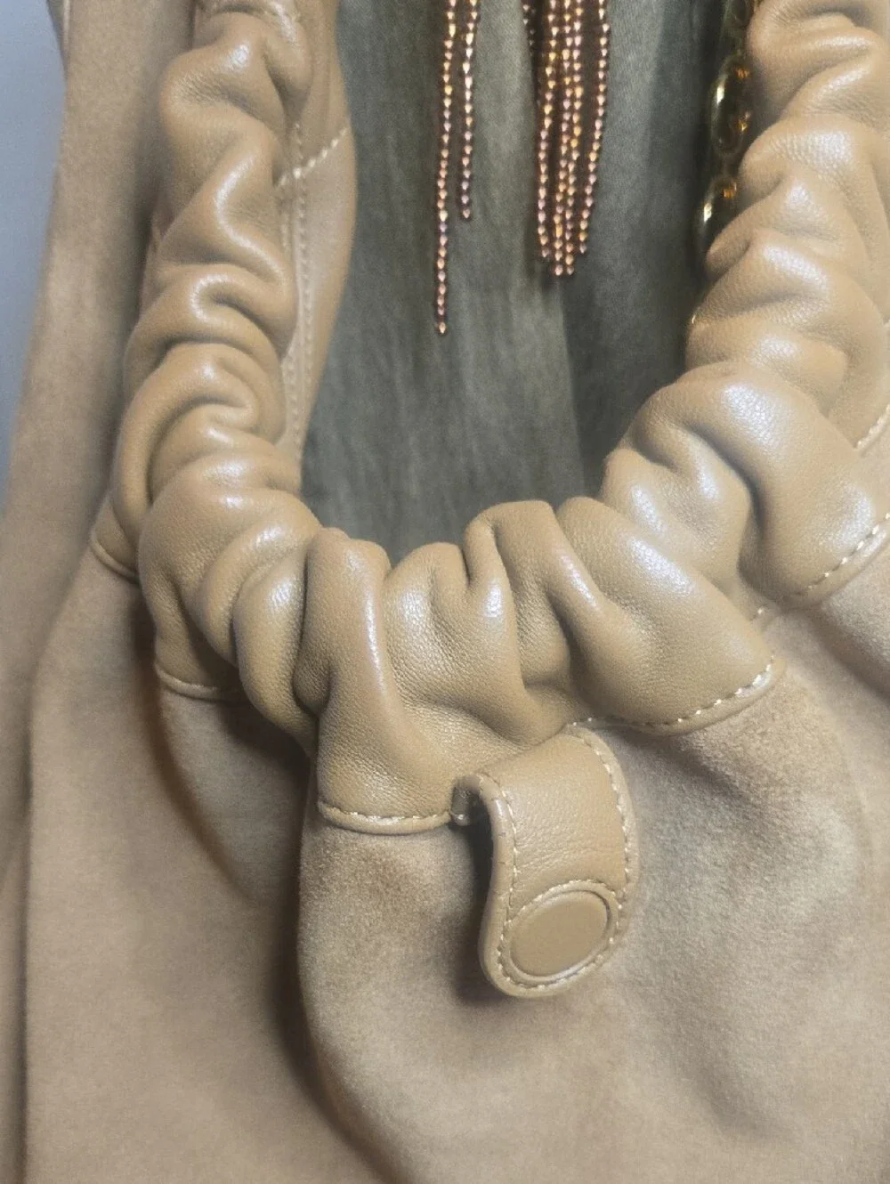 Loewe Camel Tan Leather & Suede Hobo with Gold Chain